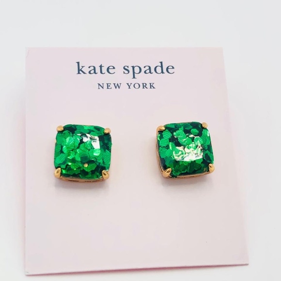 BRAND NEW Kate Spade LUCKY Emerald Green Glitter Stud Earrings - Picture 3 of 3